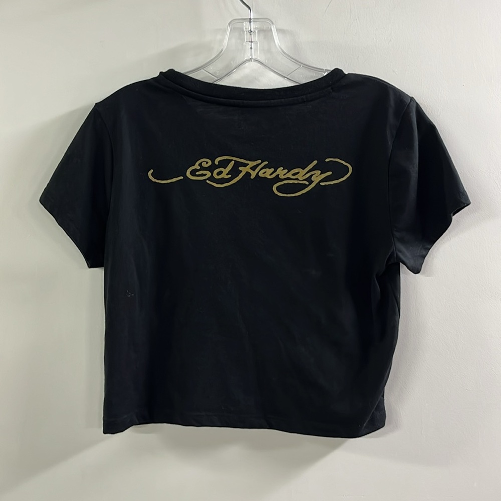 ED HARDY Novelty Print Black Crop Short SLV T-Shirt SZ  L (youth) XS/S (adult) - Picture 2 of 15